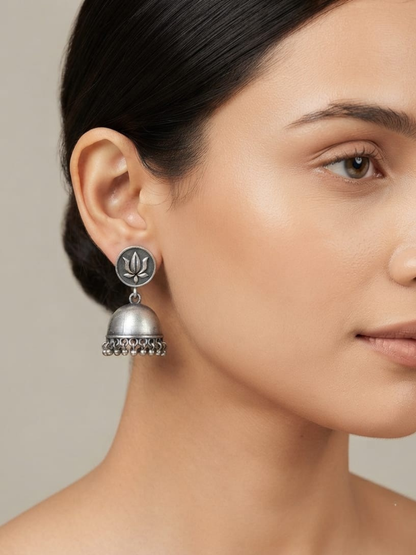 Oxidised Silver Lotus Motif Jhumka Earrings