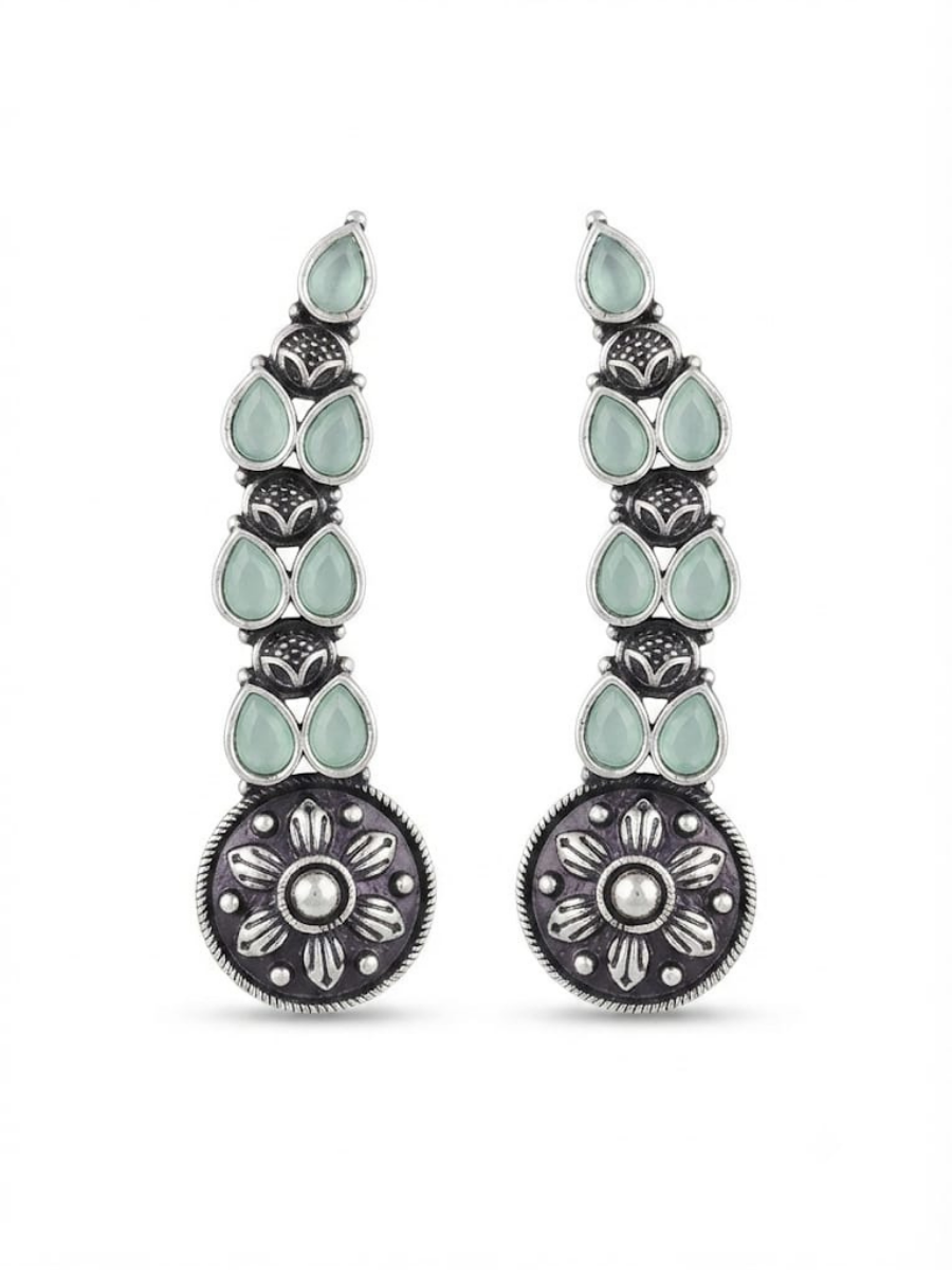 Silver floral drop ear cuff earrings