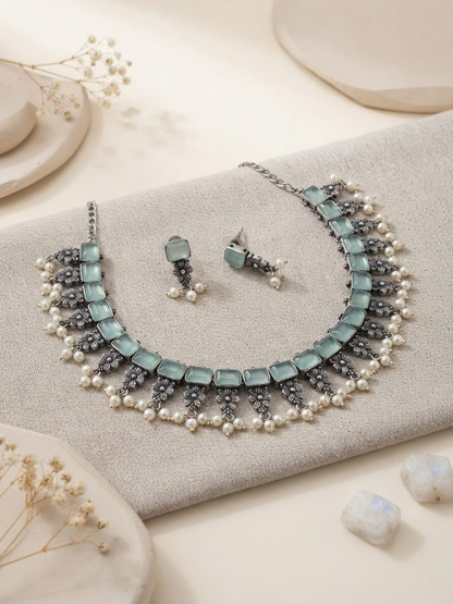 Oxidised Silver Mint Green Stones Pearl Drops Choker Necklace