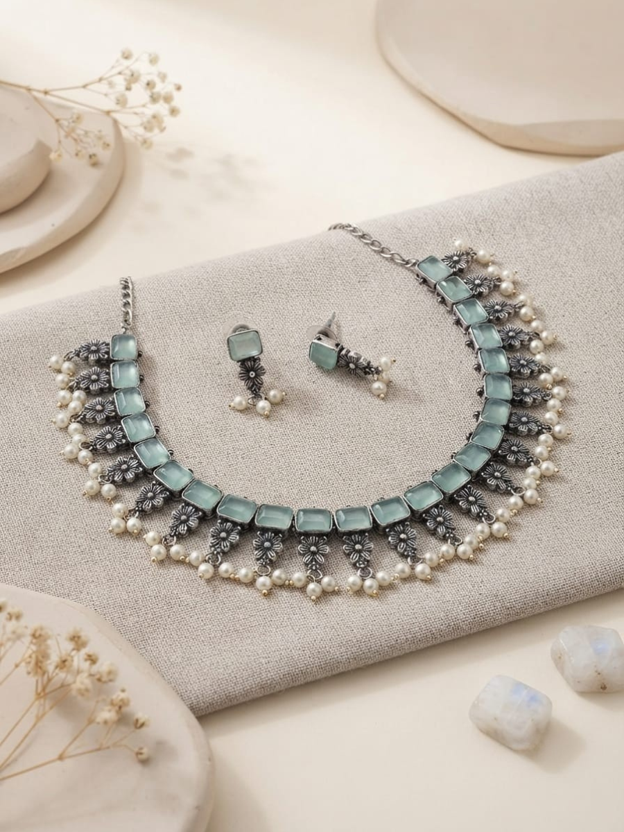 Oxidised Silver Mint Green Stones Pearl Drops Choker Necklace