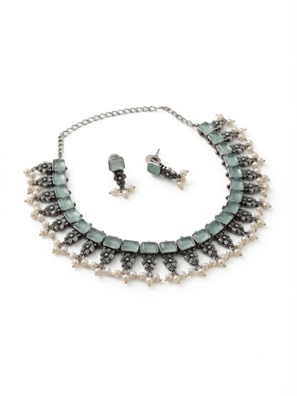 Oxidised silver mint green stone choker