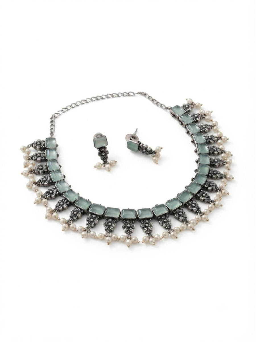 Oxidised silver mint green stone choker