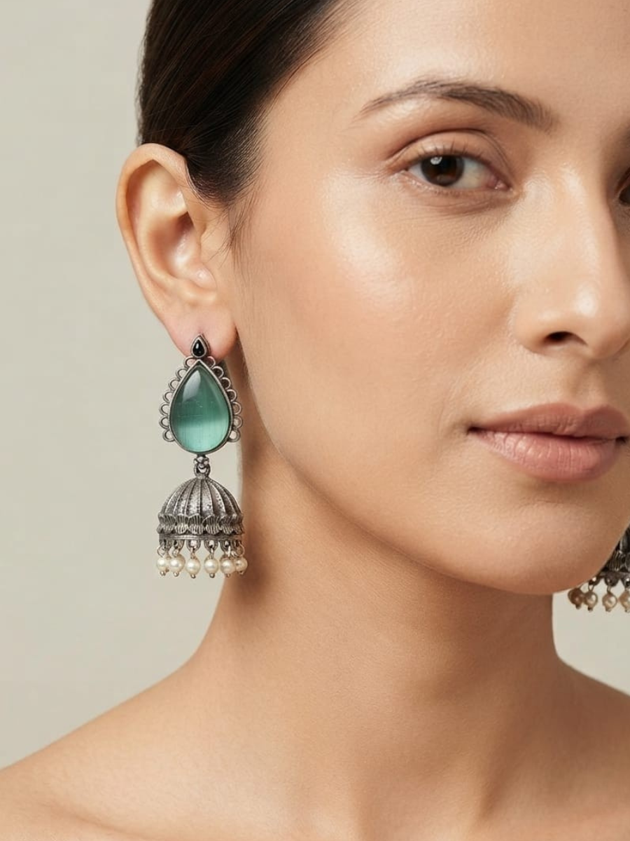 Oxidised Silver Mint Green Teardrop Stone Jhumkas