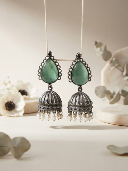 Oxidised silver mint green jhumka earrings