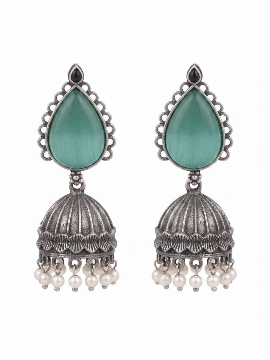 Traditional silver jhumkas with pearls