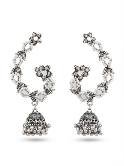 Traditional silver jhumka earrings with mirror