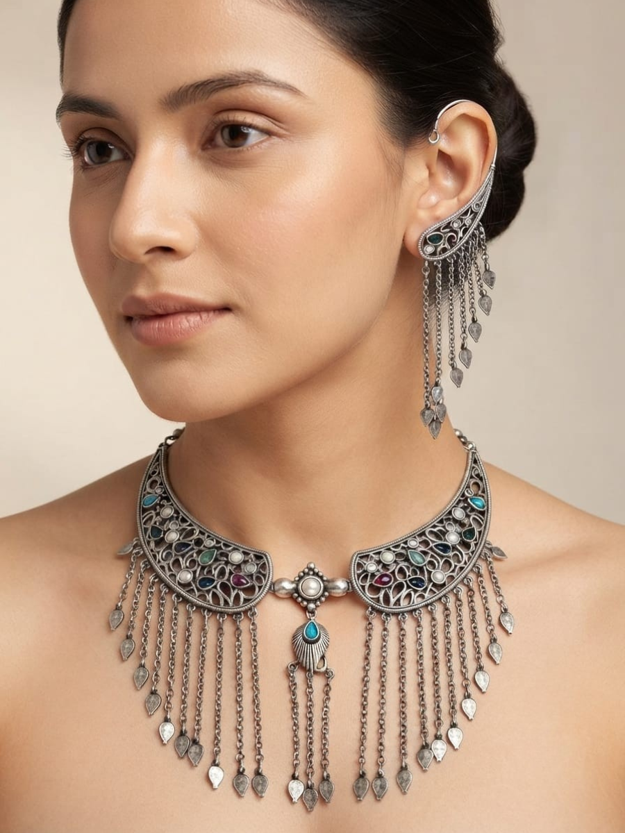 Oxidised Silver Multi Stones Fringe Statement Choker Set