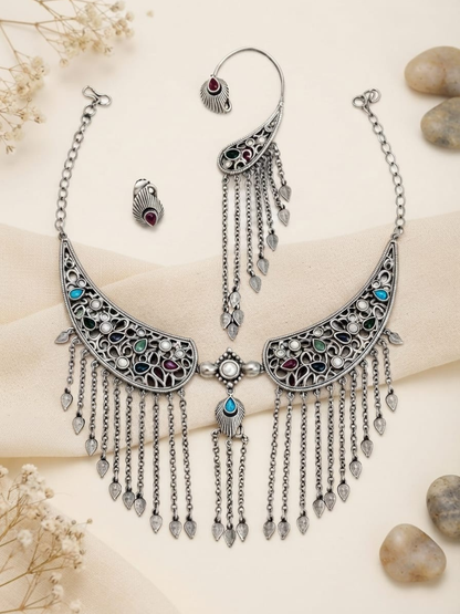 Oxidized silver multi stone choker set
