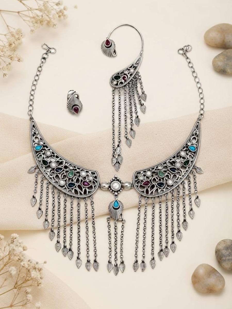 Oxidized silver multi stone choker set