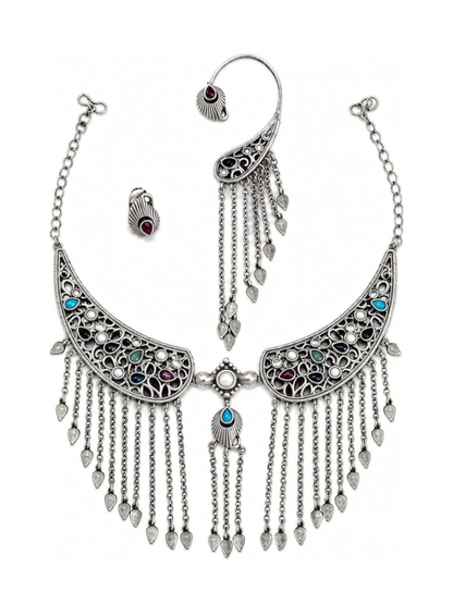 Traditional silver fringe statement necklace jewelry