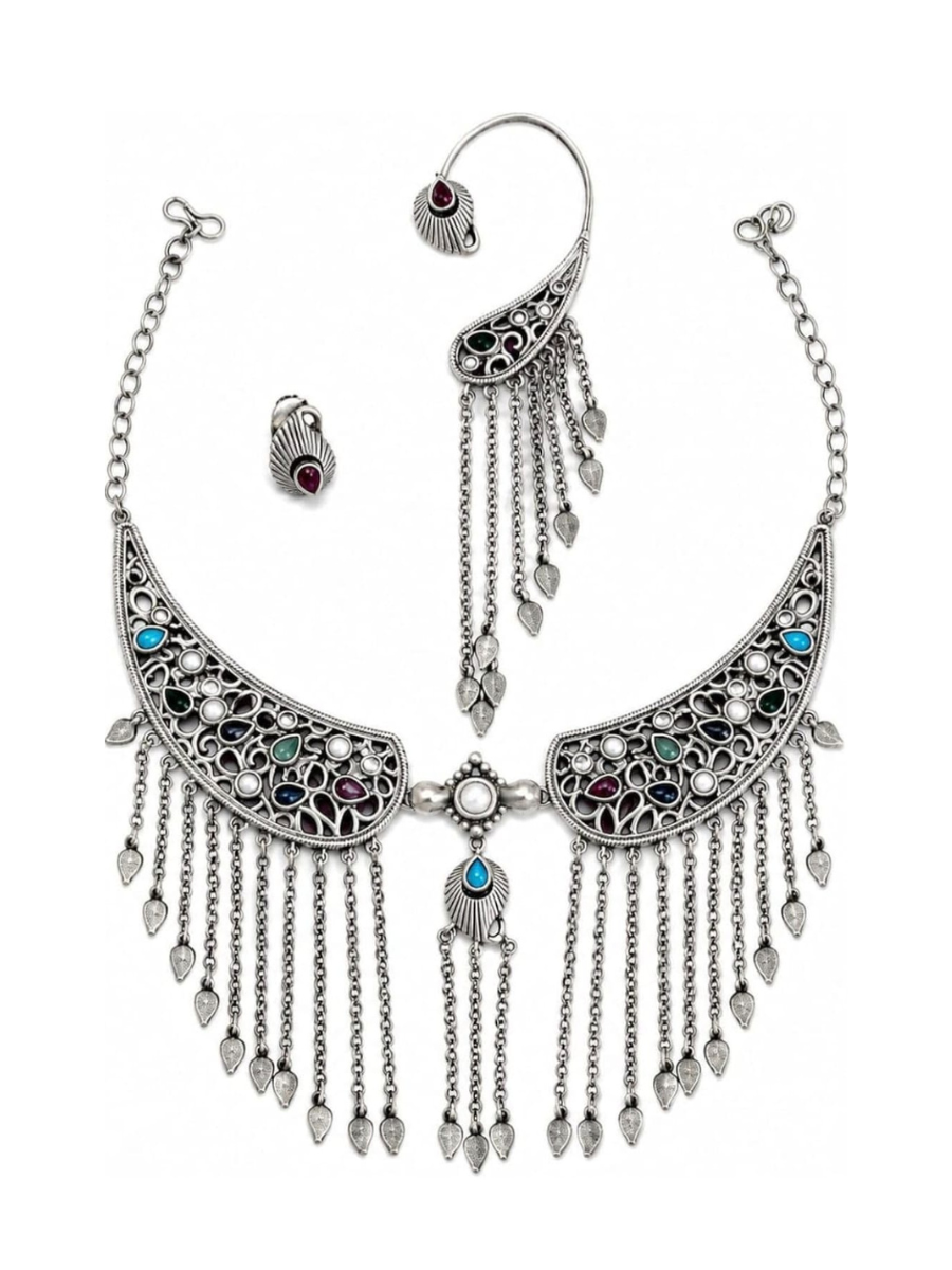 Traditional silver fringe statement necklace jewelry