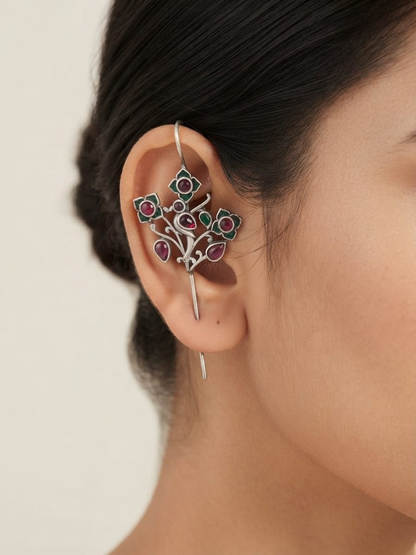 Oxidised Silver Multicolor Stones Bird and Floral Needle Earcuffs