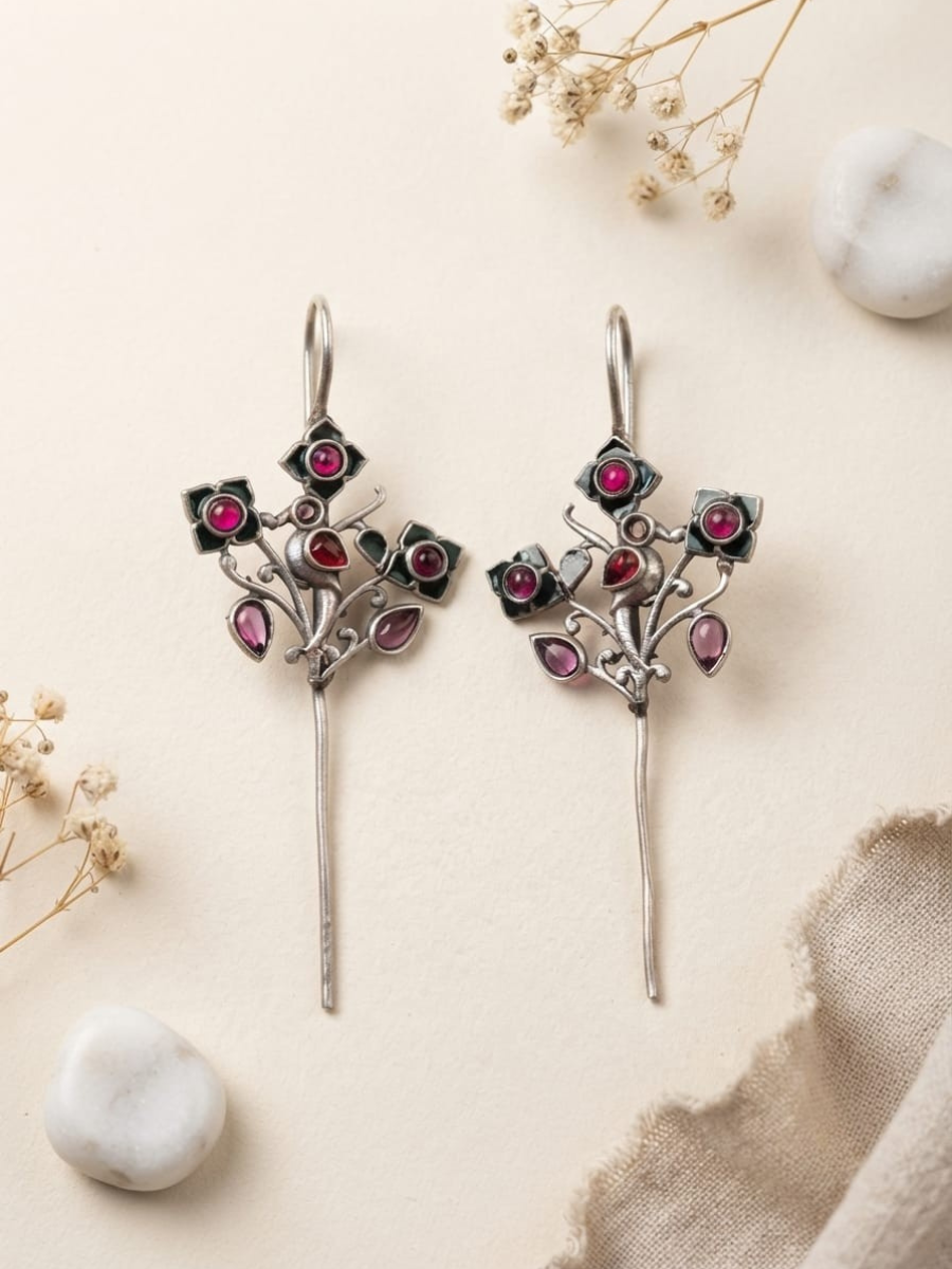 Oxidised silver bird floral earcuffs