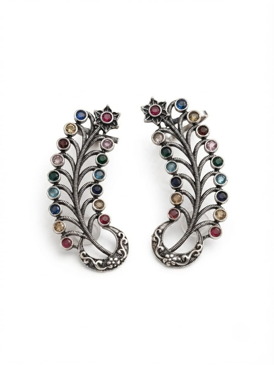 Traditional peacock design silver ear cuffs