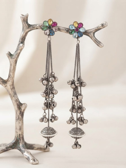Oxidised silver multi floral ghungroo earrings