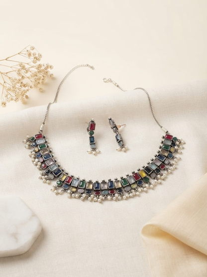 Oxidised Silver Multicolored Stones Choker Necklace