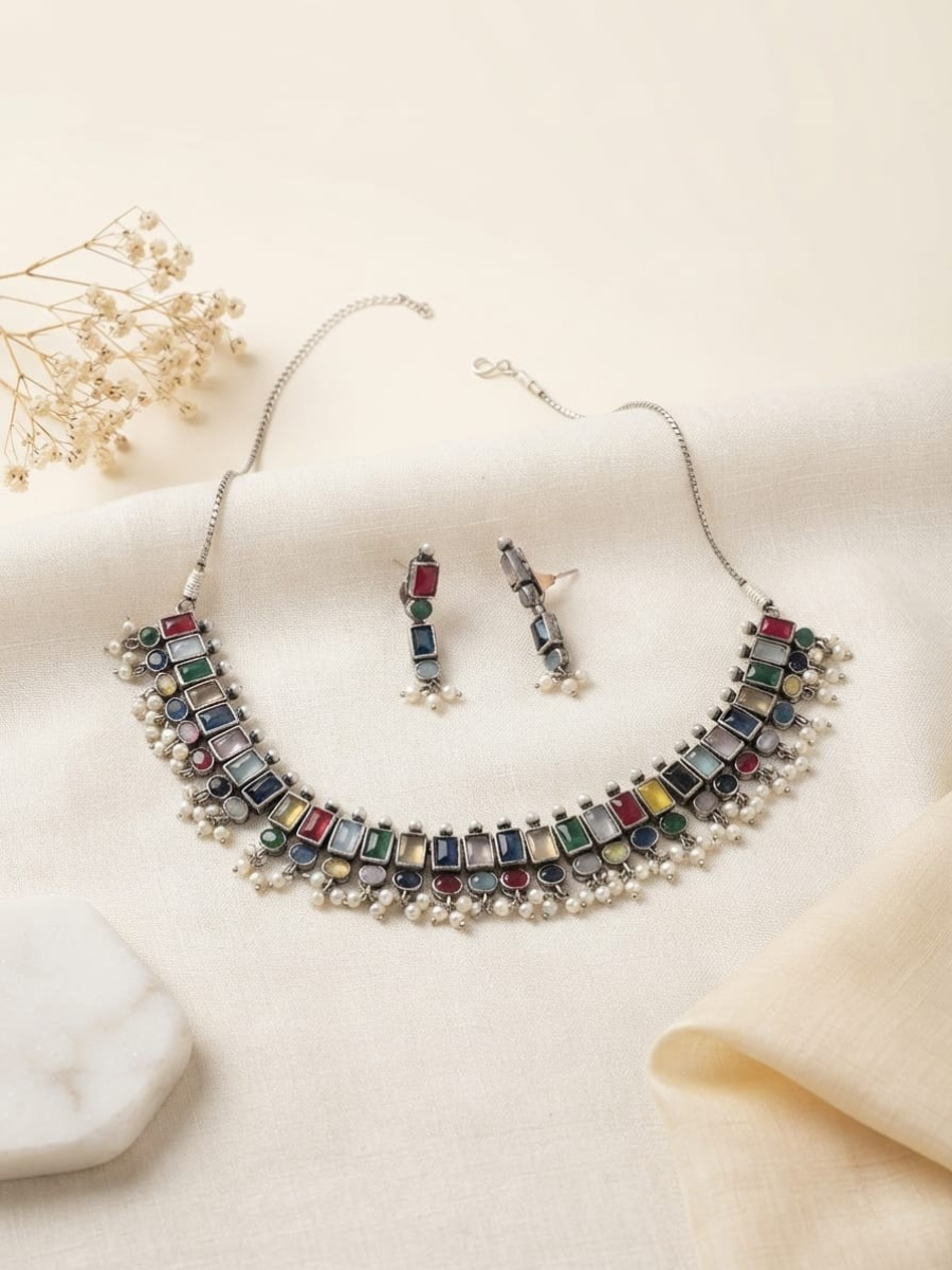 Oxidised Silver Multicolored Stones Choker Necklace