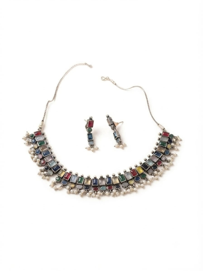 Oxidised silver multicolored stone choker
