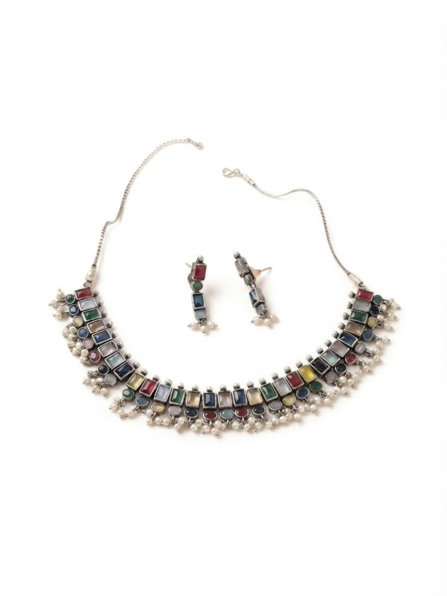 Oxidised silver multicolored stone choker