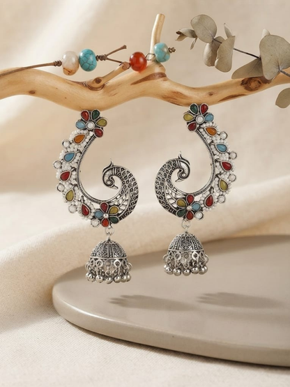 Oxidised silver peacock earcuff jhumkas