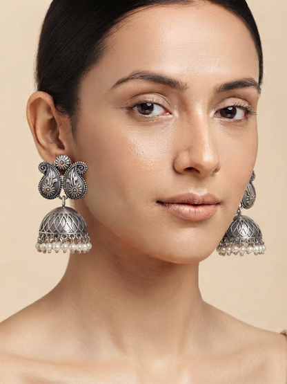 Oxidised Silver Paisley Pearl Jhumka Earrings