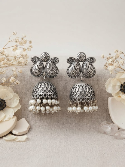 Oxidised Silver Paisley Pearl Jhumka Earrings