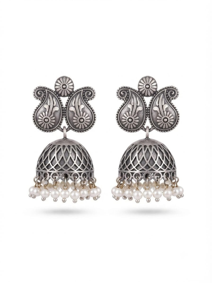 Oxidised Silver Paisley Pearl Jhumka Earrings