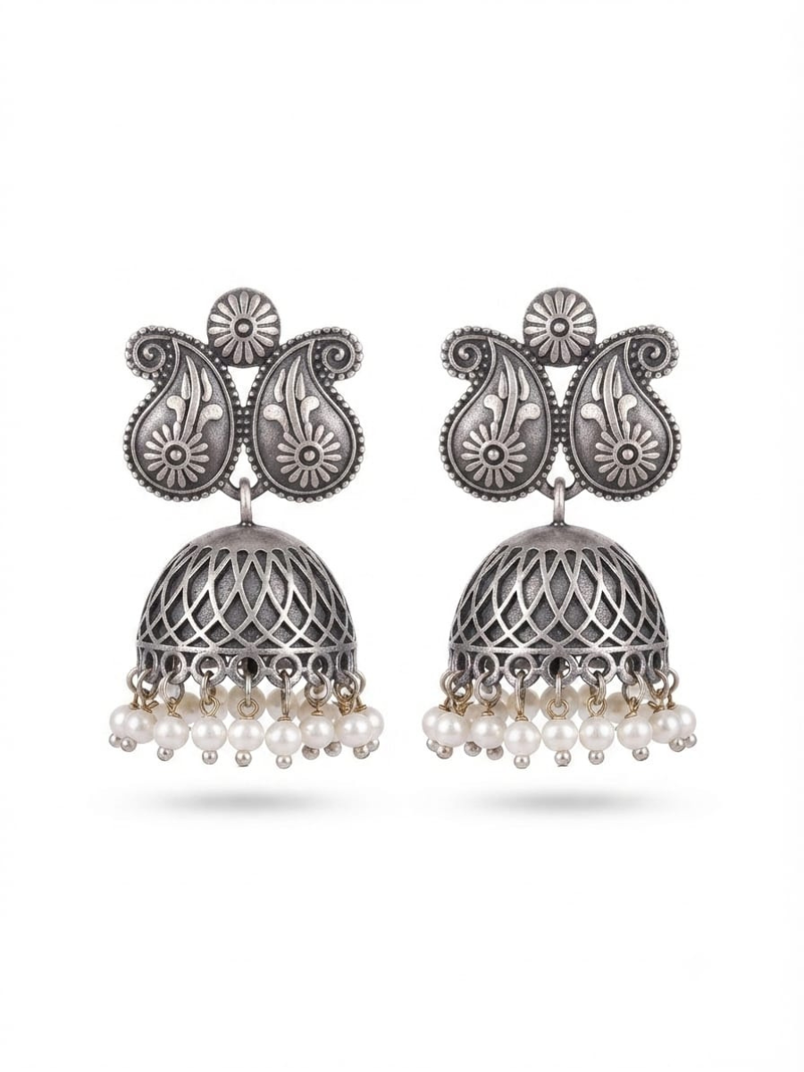 Oxidised Silver Paisley Pearl Jhumka Earrings