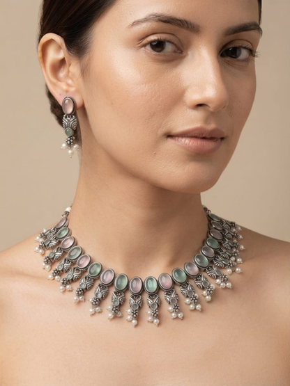 Oxidised Silver Pastel Pink and Green Stones Choker Necklace