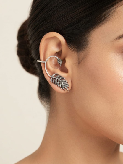 Oxidised Silver Peacock Feather Earcuffs
