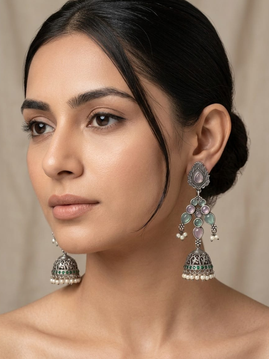 Buy Oxidised silver pink mint earrings Online in India