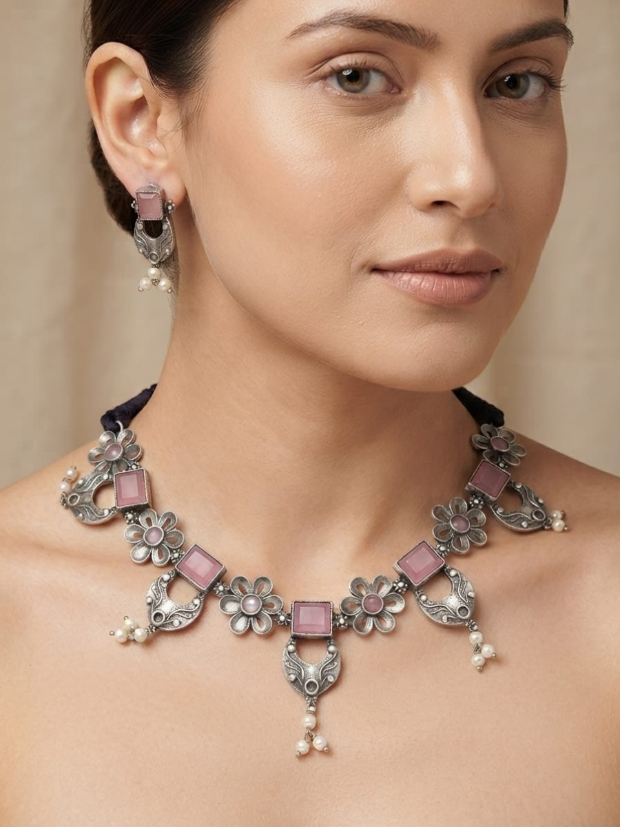 Oxidised Silver Pink Stones Floral Choker Necklace Set