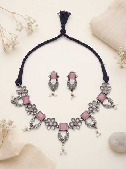 Oxidised silver pink stone choker