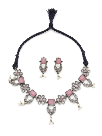 Traditional floral silver necklace set