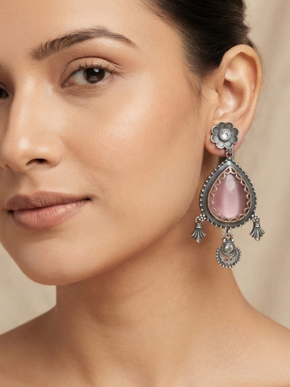 Oxidised Silver Pink Teardrop Dangle Earrings