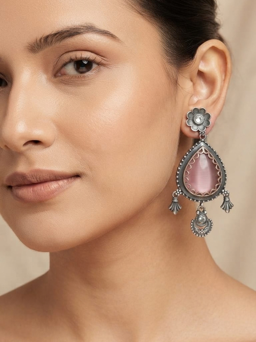 Oxidised Silver Pink Teardrop Dangle Earrings