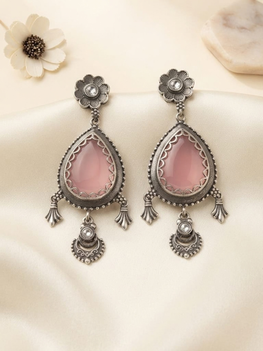 Oxidised Silver Pink Teardrop Dangle Earrings