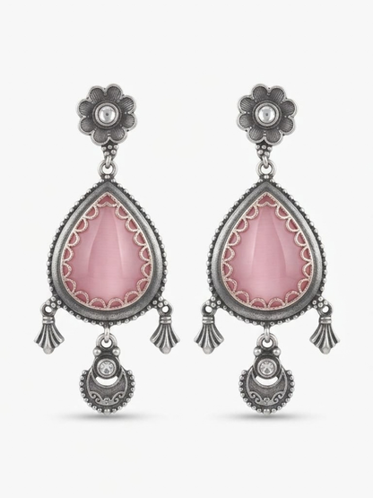 Oxidised Silver Pink Teardrop Dangle Earrings