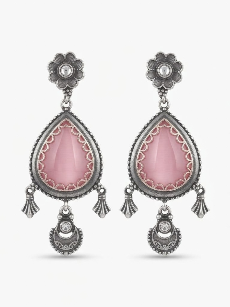 Oxidised Silver Pink Teardrop Dangle Earrings