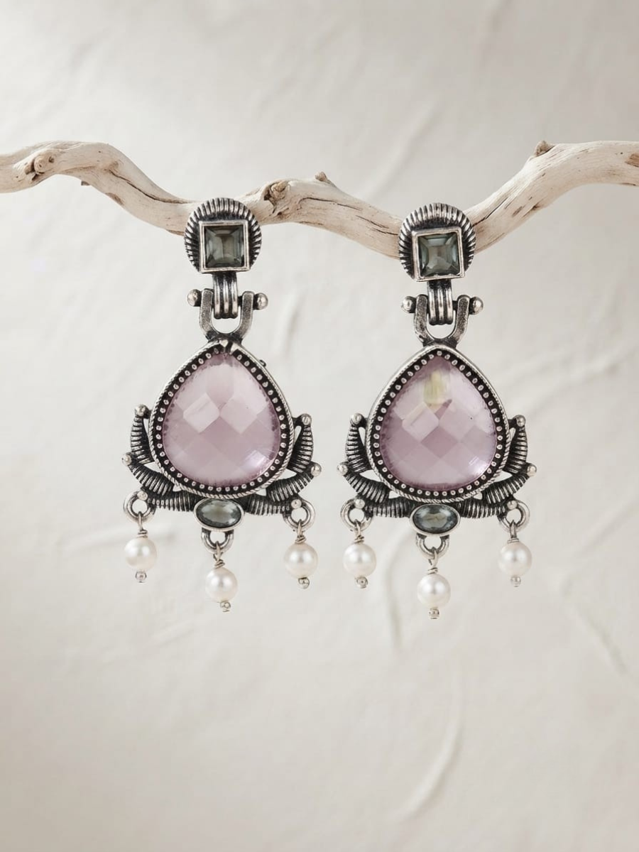 Oxidised Silver Pink Teardrop Stone Drop Earrings