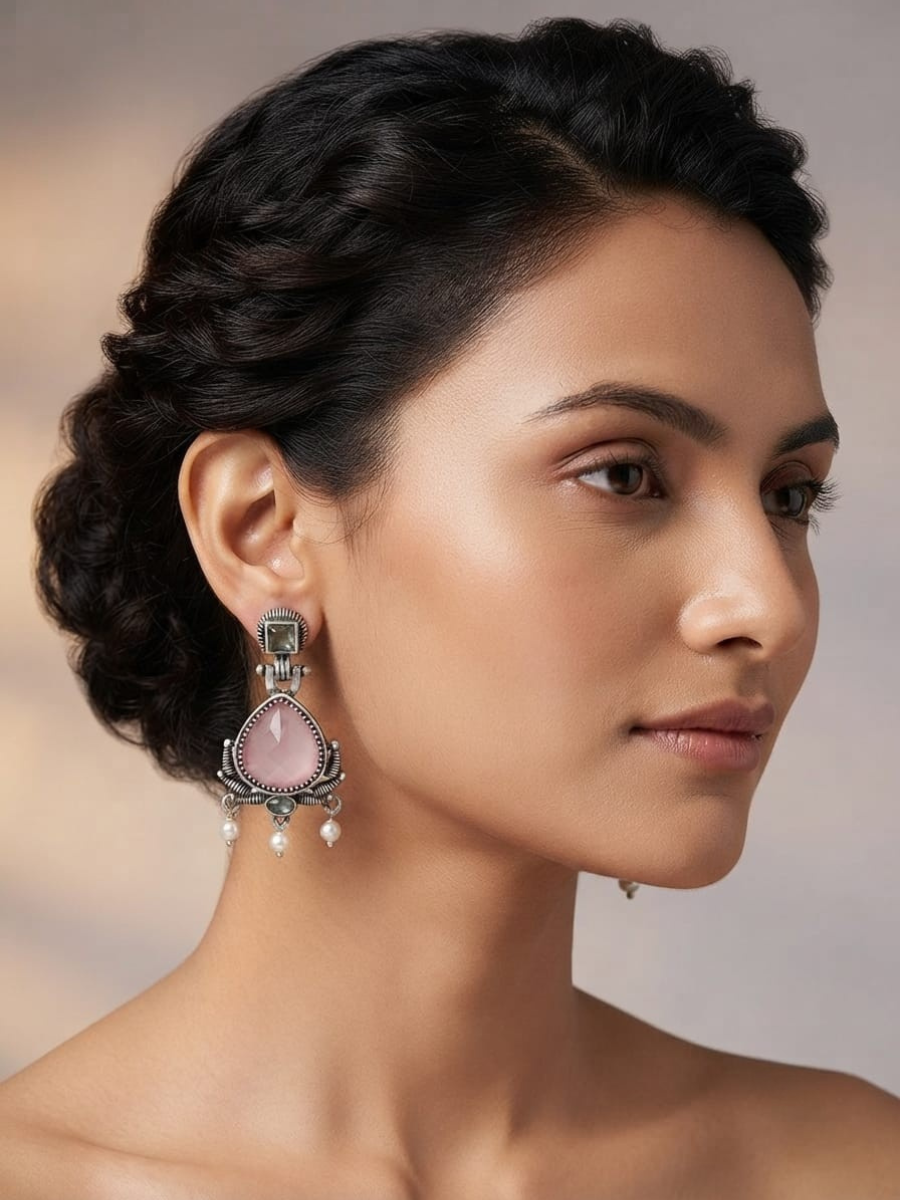 Oxidized silver pink stone drop earrings