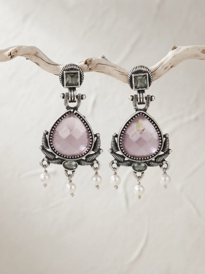 Traditional pearl drop ethnic silver earrings