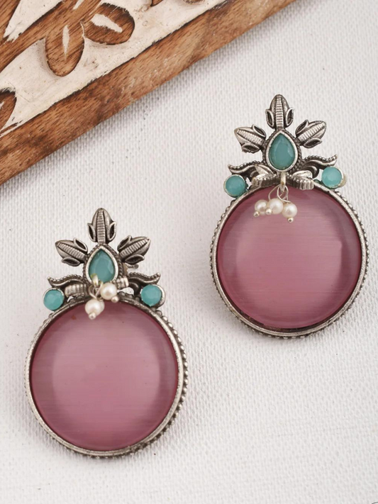Oxidised Silver Pink and Turquoise Stone Stud Earrings