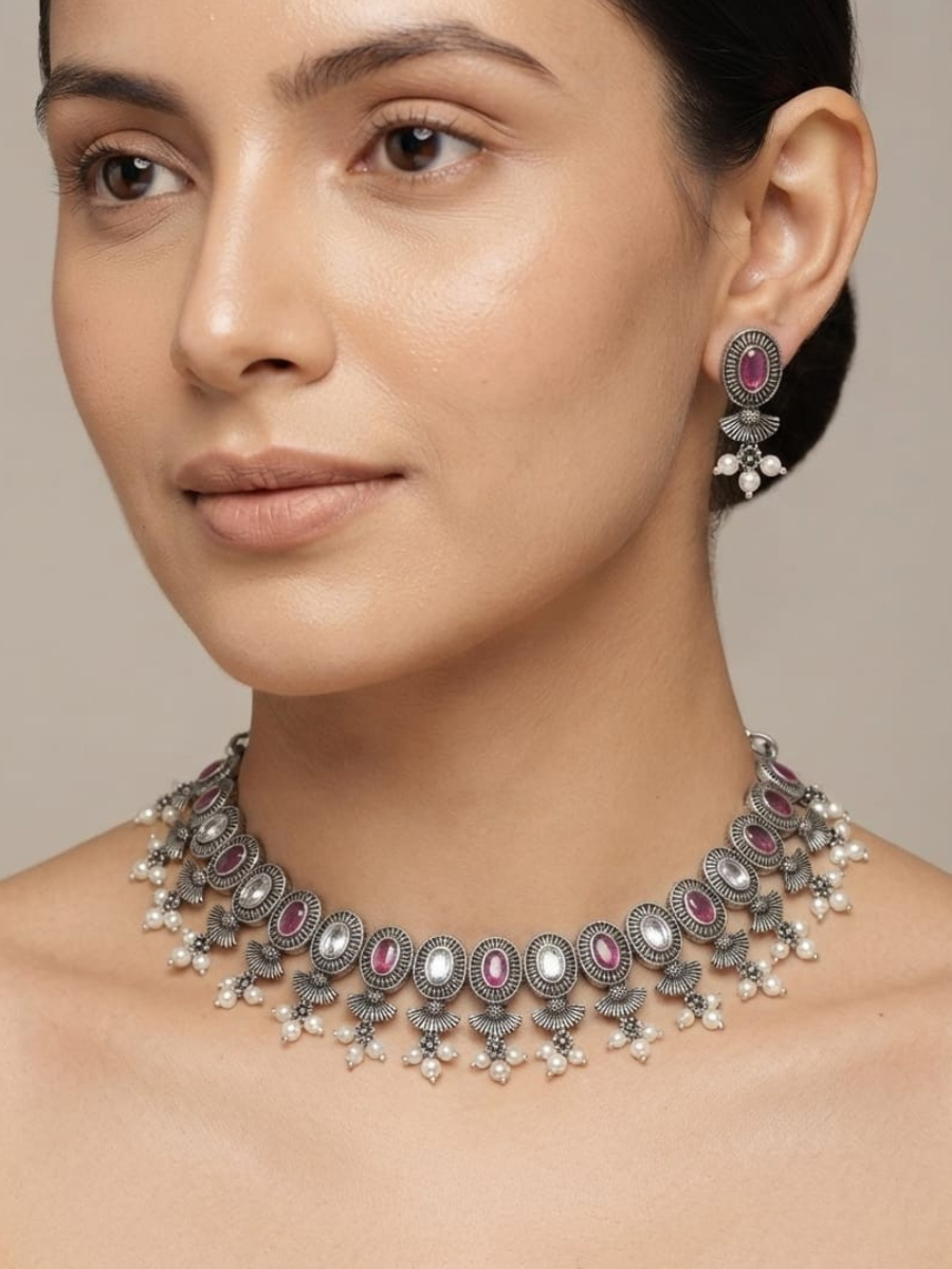 Oxidised Silver Pink and White Stones Choker Necklace