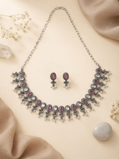 Oxidised silver pink stone choker
