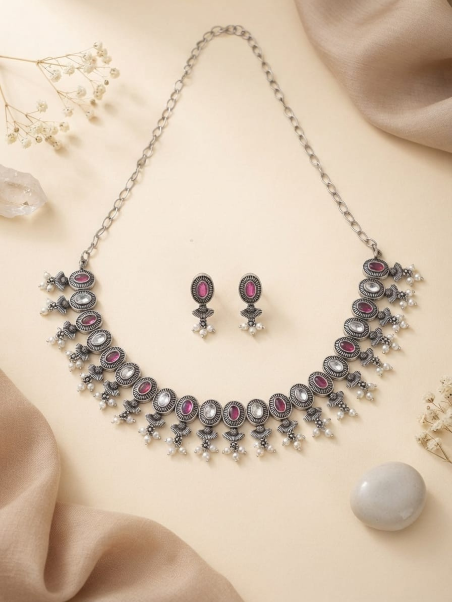 Oxidised silver pink stone choker