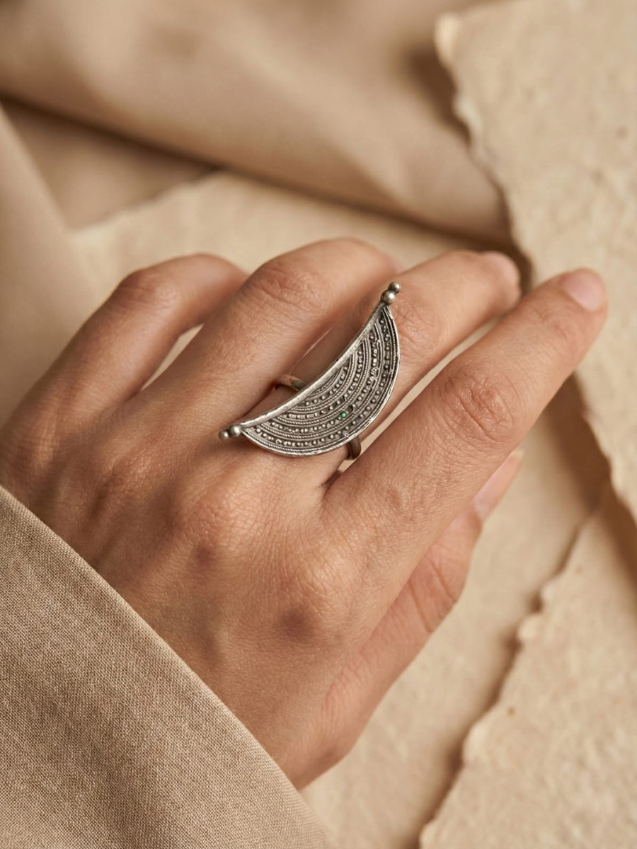 Oxidised Silver Plated Crescent Moon Statement Ring
