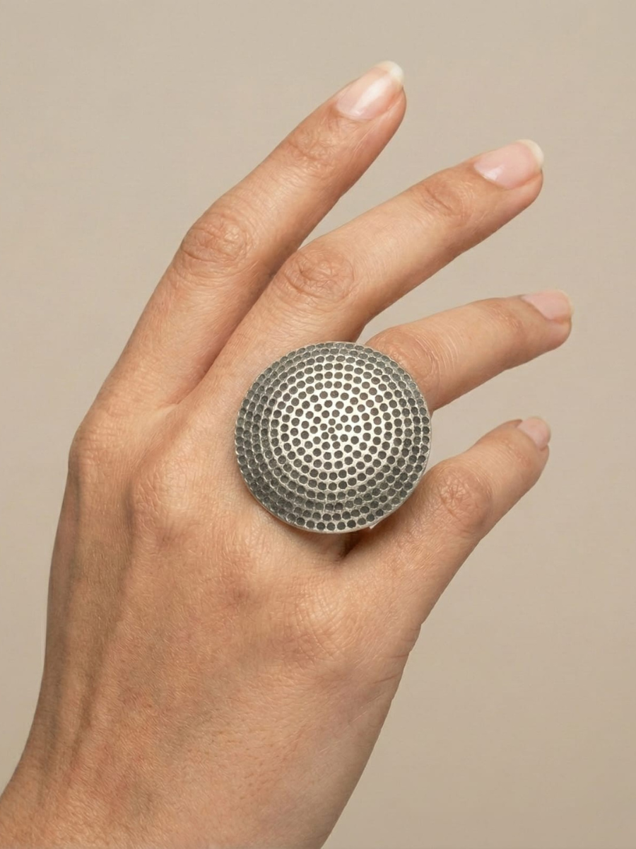 Oxidised Silver Plated Round Adjustable Statement Ring