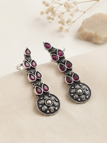 Oxidised silver red stone ear cuffs