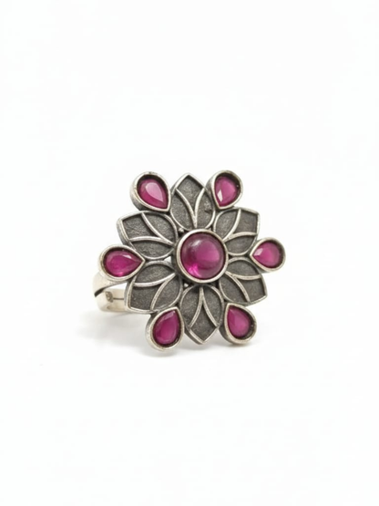 Oxidised silver red gemstone ring